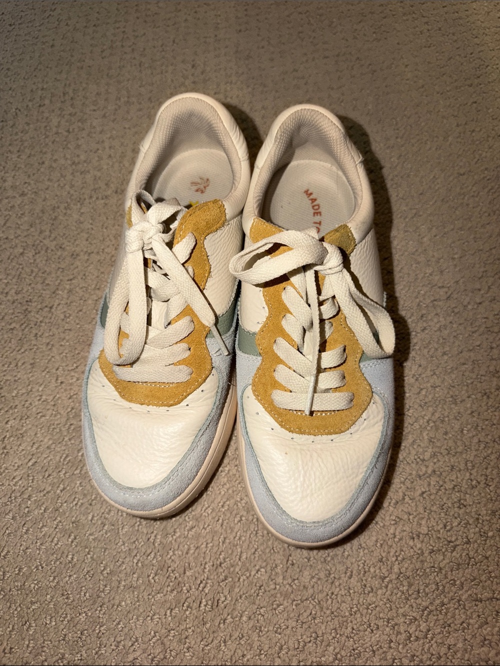 Soludos White Leather Sneakers with Mustard and Light Blue Accents